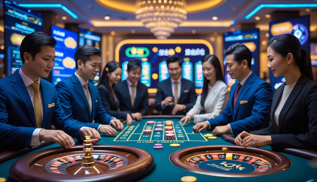 Suasana kasino langsung di Asia dengan pemain yang sedang bermain permainan kasino populer, menampilkan keamanan dan bonus.