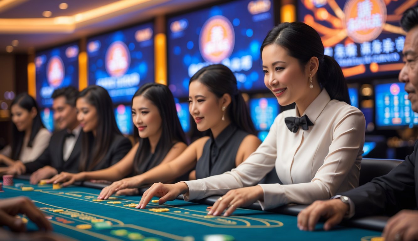 Suasana kasino langsung Asia dengan dealer dan pemain yang fokus bermain di meja permainan.