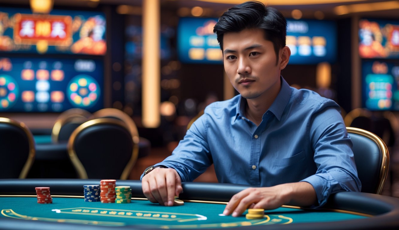 Seorang pria Asia duduk di meja kasino dengan chip terbatas, fokus merencanakan langkah berikutnya di lingkungan kasino langsung.