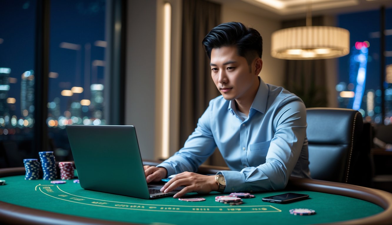 Seorang pria Asia duduk di meja kasino dengan laptop dan chip poker, fokus bermain permainan kasino langsung.
