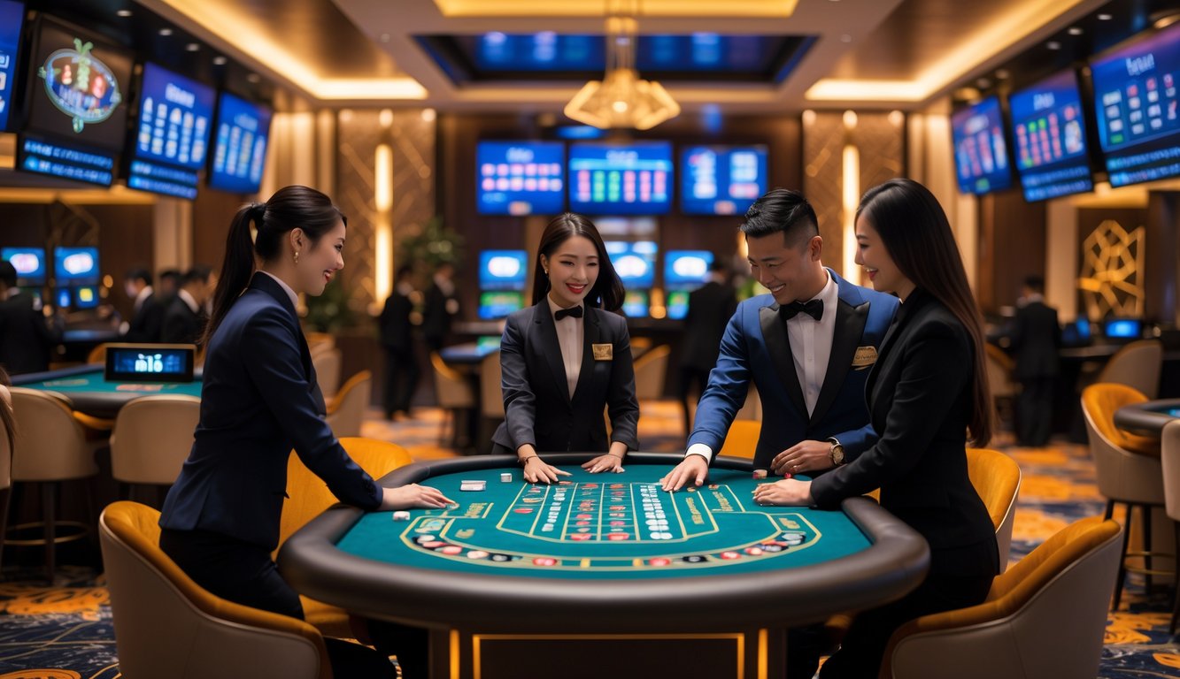 Suasana kasino langsung di Asia dengan dealer profesional dan pemain yang bermain di meja permainan.