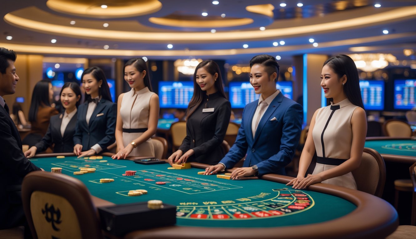 Suasana kasino langsung di Asia dengan dealer dan pemain yang sedang bermain permainan kasino di meja yang elegan.