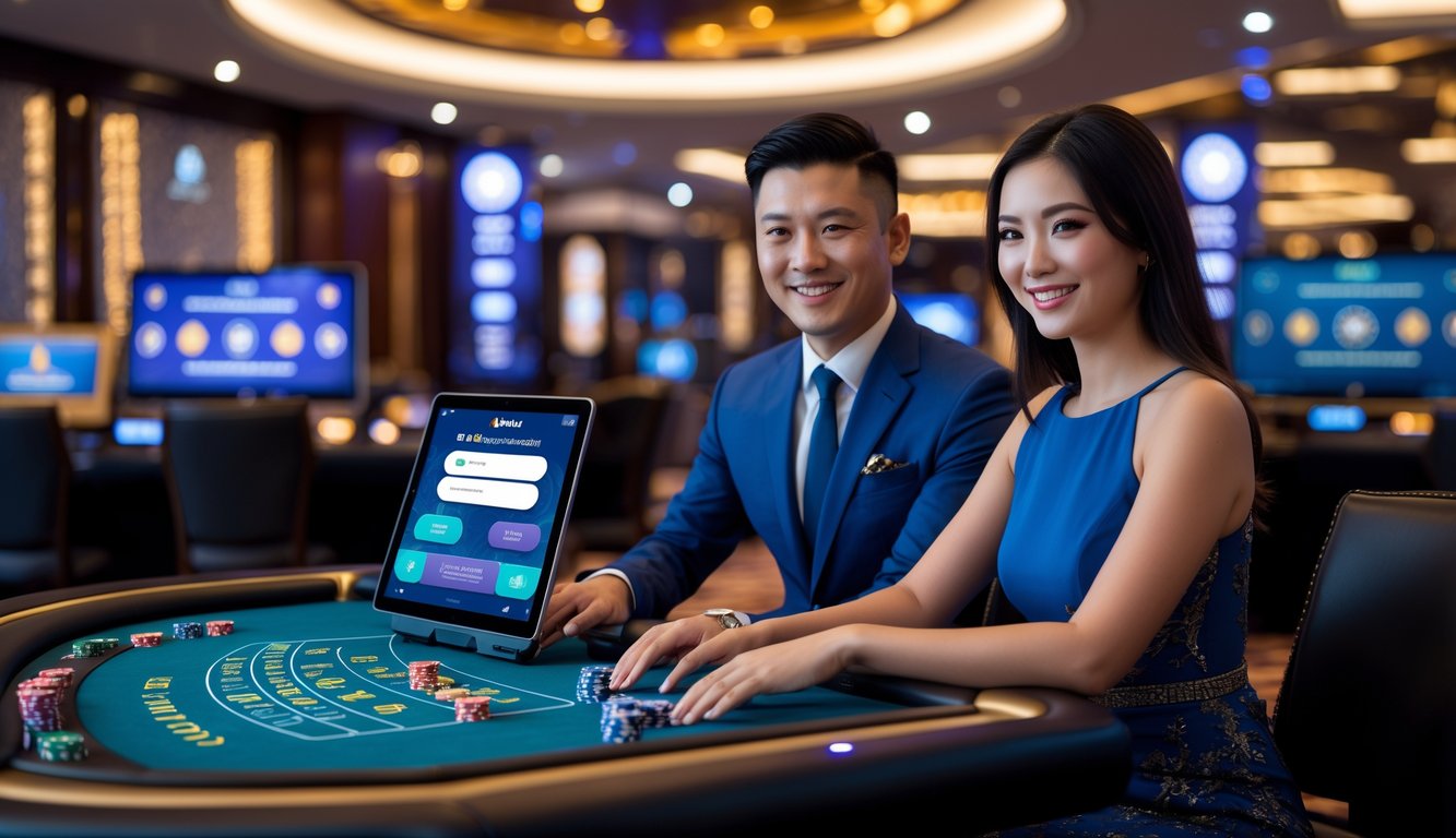 Dua orang Asia duduk di meja kasino modern dengan layar digital dan chip, terlihat percaya diri dan menikmati permainan kasino online dengan suasana aman dan profesional.