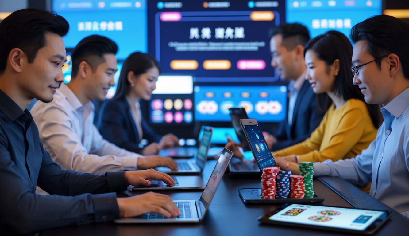Beberapa orang Asia bermain permainan kasino langsung secara online menggunakan perangkat digital dalam suasana yang aman dan terpercaya.