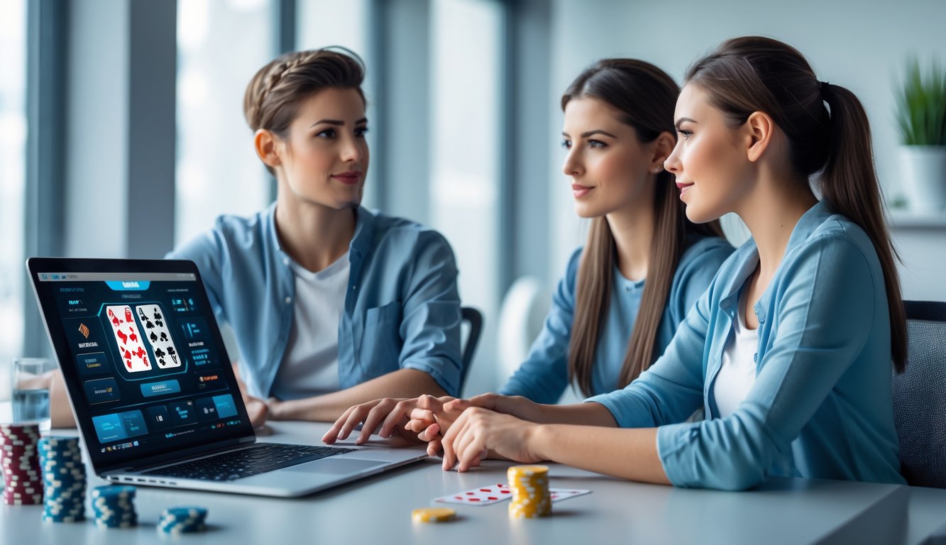 Dua orang muda duduk di meja dengan laptop yang menampilkan permainan poker online, dikelilingi chip poker dan kartu, terlihat fokus dan berdiskusi.