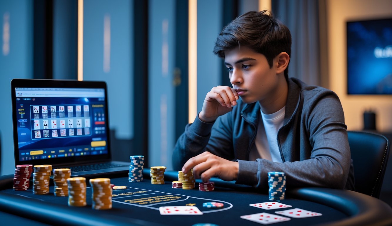 Seorang dewasa muda duduk di meja poker dengan kartu dan chip, fokus mempelajari strategi permainan poker online.