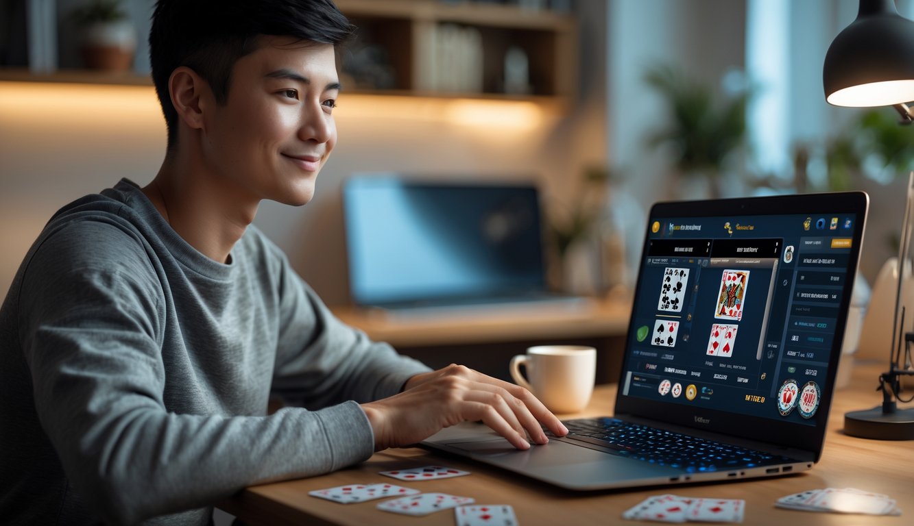 Seorang dewasa muda bermain poker online di laptop di ruang kerja rumah yang nyaman dengan chip poker dan kartu di meja.