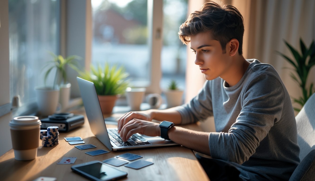 Seorang dewasa muda fokus bermain poker online menggunakan laptop di ruang kerja rumah yang nyaman dengan chip poker dan kartu di meja.