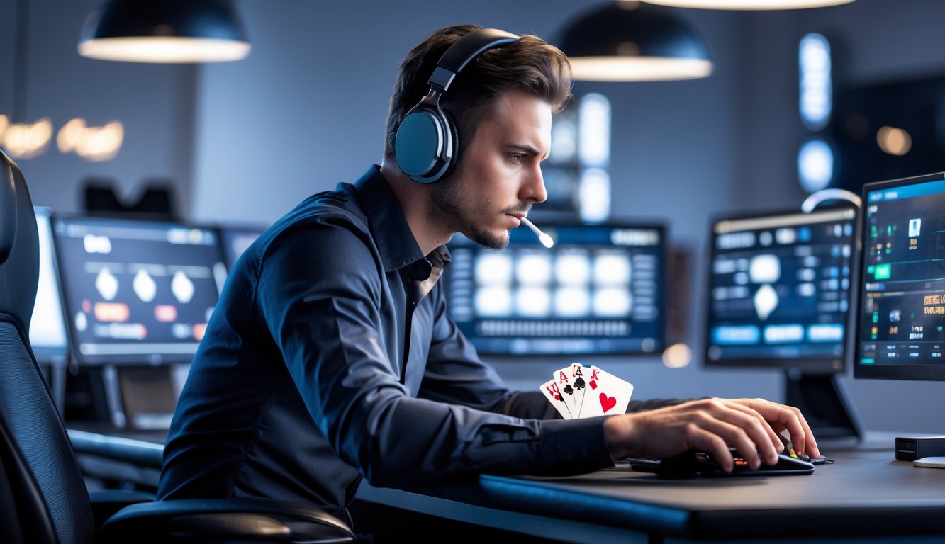 Seorang pemain poker profesional yang fokus bermain poker online di depan beberapa monitor komputer di ruang permainan modern.