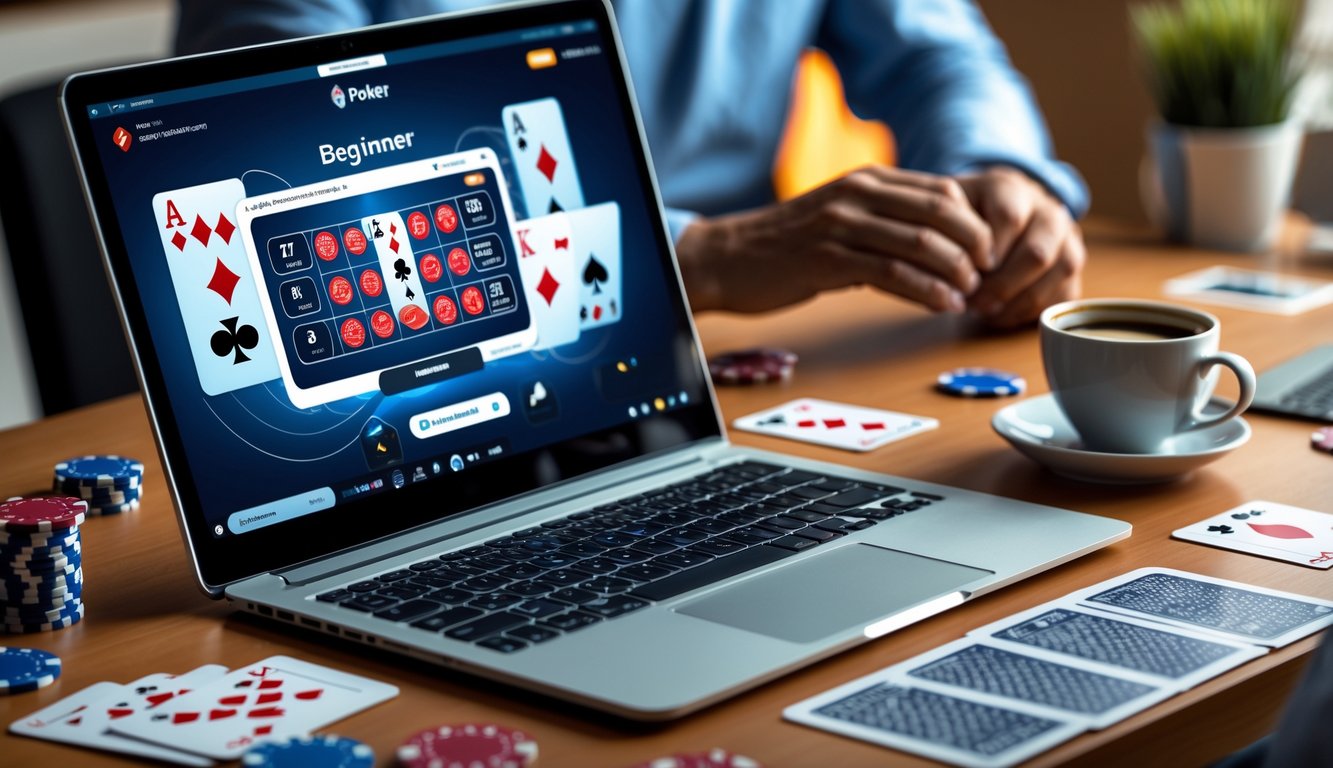 Seorang pemain poker online sedang memegang kartu di depan laptop dengan tumpukan chip poker di meja.