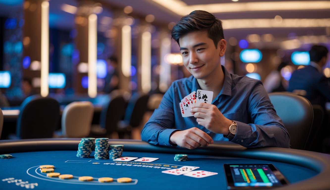 Seorang dewasa muda duduk di meja poker modern dengan kartu dan chip, terlihat fokus dan strategis di dalam kasino.