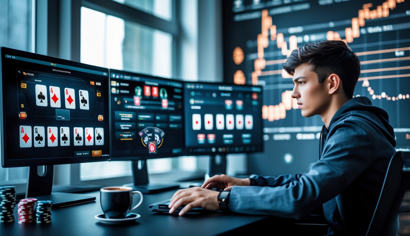 Seorang pemain poker online sedang fokus bermain di depan komputer dengan beberapa layar yang menampilkan kartu dan chip poker.