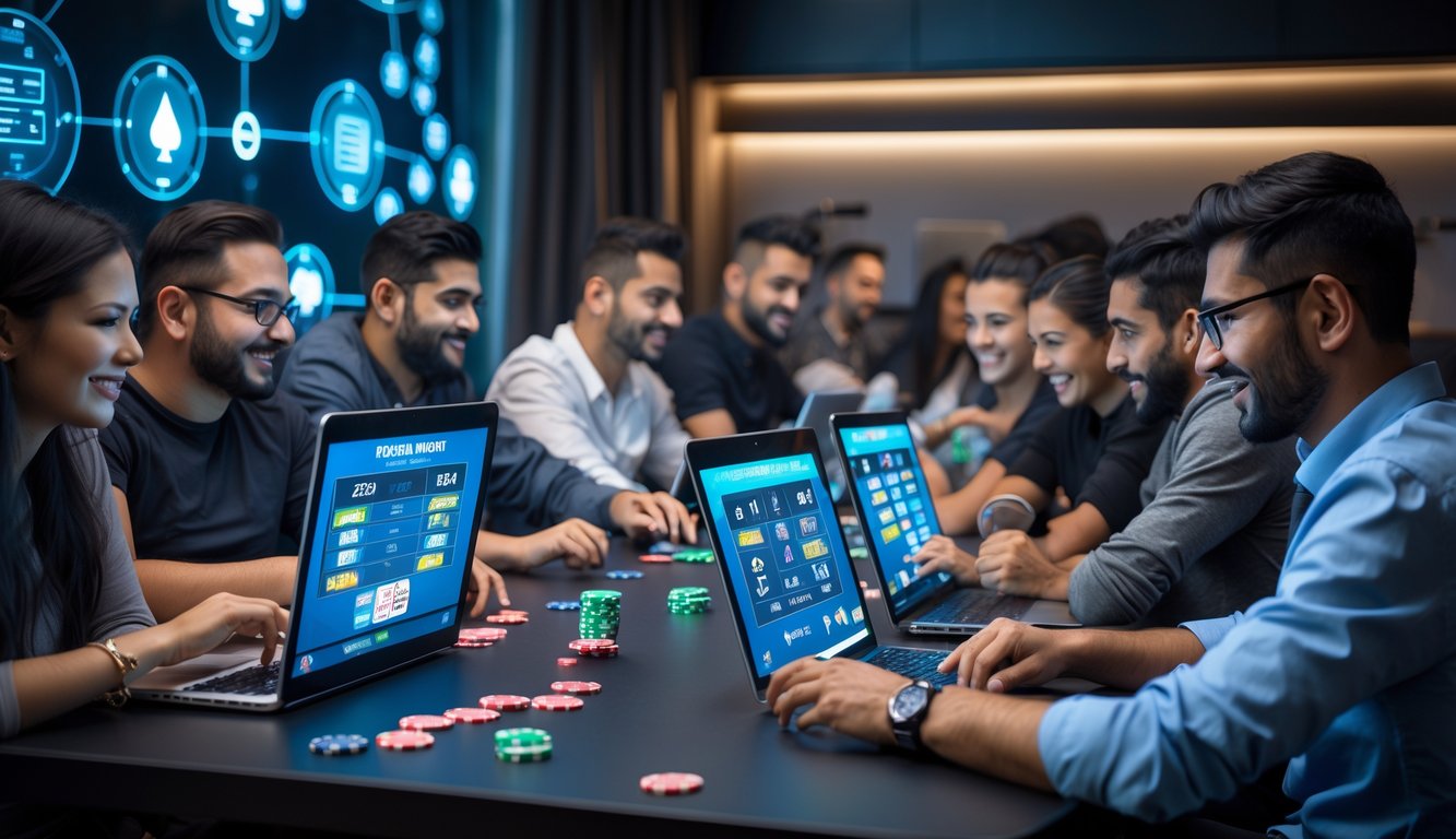 Sekelompok orang bermain poker online bersama di ruangan modern dengan laptop dan tablet, tampak fokus dan bersemangat.