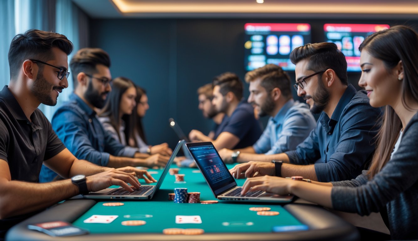 Beberapa orang bermain poker online menggunakan laptop dan tablet di ruangan modern dengan suasana fokus dan strategis.