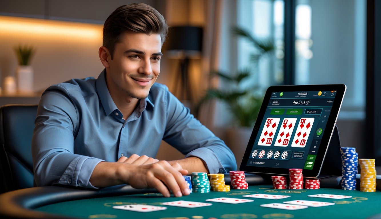 Seorang pria muda duduk di meja poker dengan tumpukan chip dan kartu, fokus bermain poker online menggunakan tablet di ruangan yang nyaman.