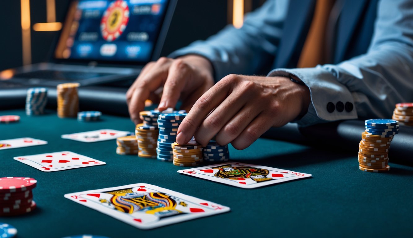 Meja poker dengan kartu dan chip yang tertata rapi, tangan pemain yang fokus memegang kartu, dan layar laptop menampilkan permainan poker online.
