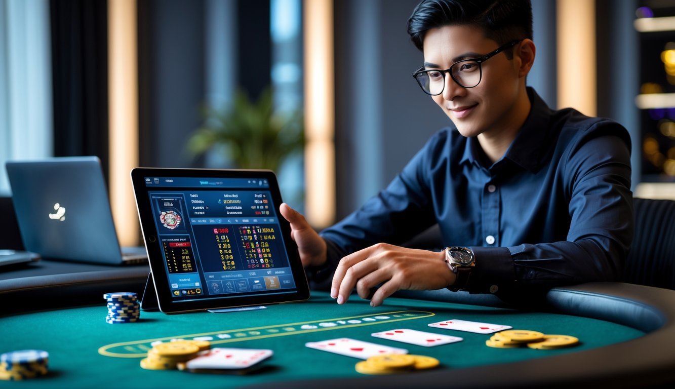 Seseorang duduk di meja poker dengan kartu dan chip, menggunakan perangkat digital untuk menganalisis peluang menang.