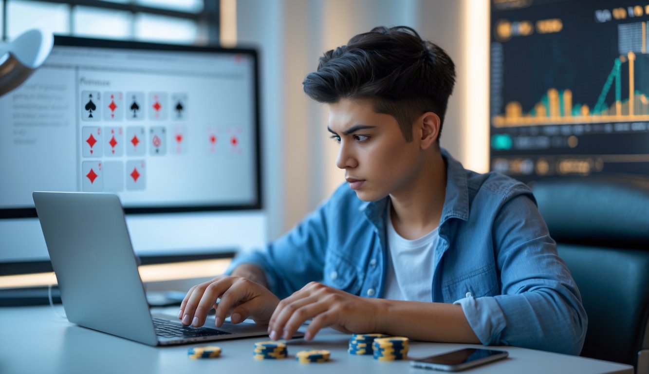 Seseorang sedang bermain poker online dengan fokus di depan laptop di ruangan modern.