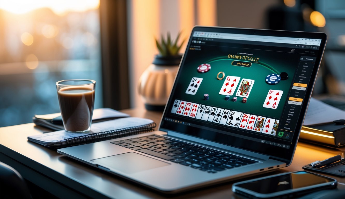 Seorang pria duduk di meja kerja dengan laptop menampilkan permainan poker online, buku catatan, dan cangkir kopi.