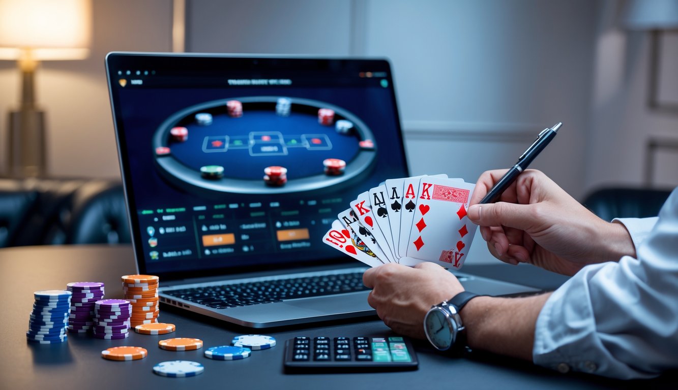 Seorang pemain poker sedang fokus melihat layar laptop dengan chip poker dan kartu di meja, menunjukkan suasana permainan poker online dan strategi taruhan.