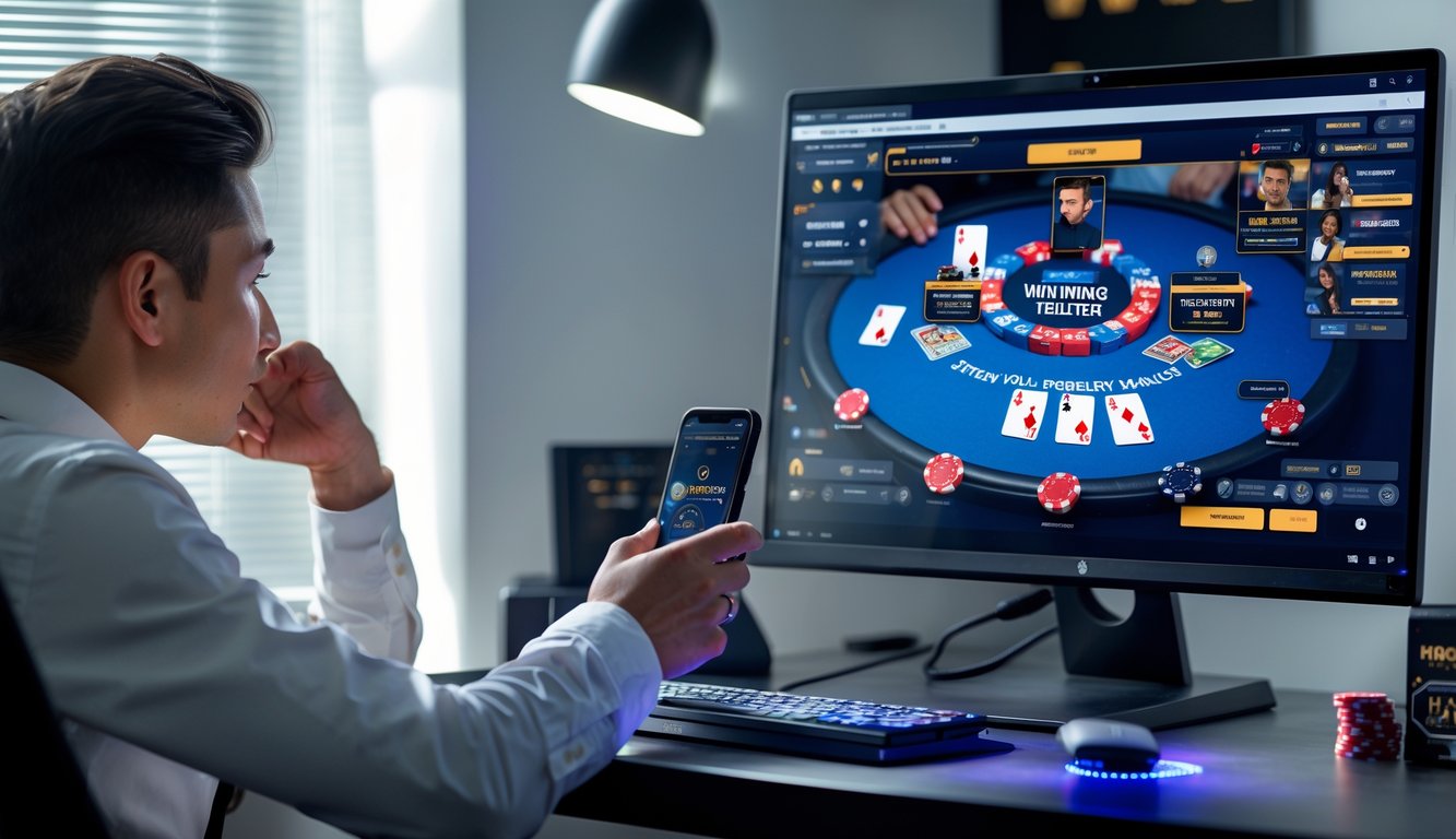 Seseorang sedang fokus melihat layar komputer yang menampilkan permainan poker online dengan chip dan kartu, di ruang kerja yang rapi.