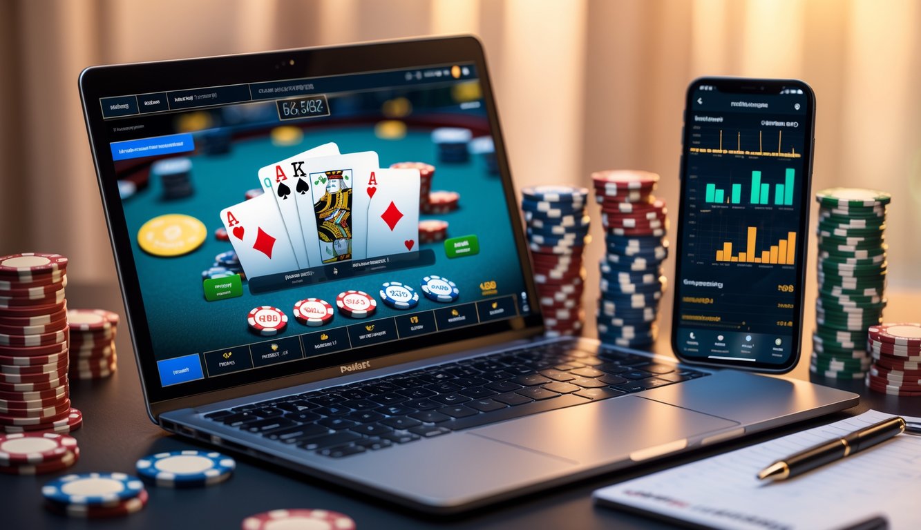 Sebuah laptop menampilkan permainan poker online dengan tumpukan chip poker dan smartphone di sekitarnya, menunjukkan suasana analisis dan strategi poker.