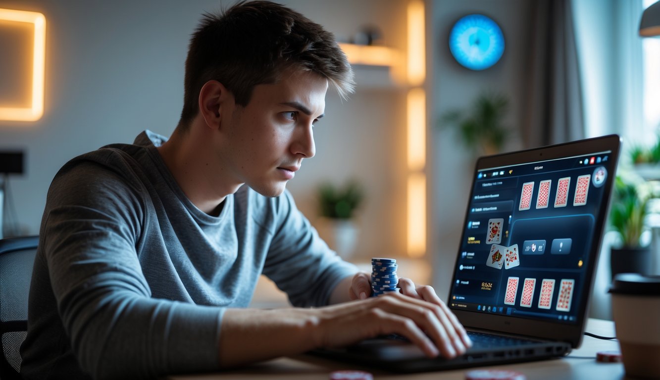 Seorang pria muda fokus bermain poker online di depan laptop di sebuah meja dengan pencahayaan lembut.