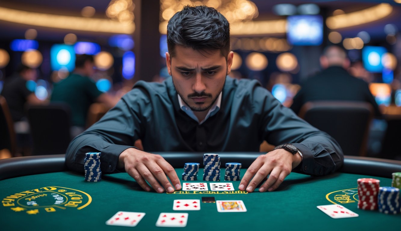 Seorang pemain poker duduk di meja poker dengan ekspresi fokus, memegang kartu dan dikelilingi oleh chip poker di kasino.