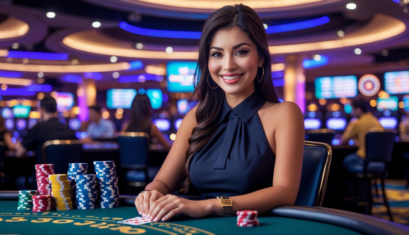 Seorang wanita muda duduk di meja kasino langsung dengan kartu dan chip poker, dikelilingi lampu kasino dan pemain lain.