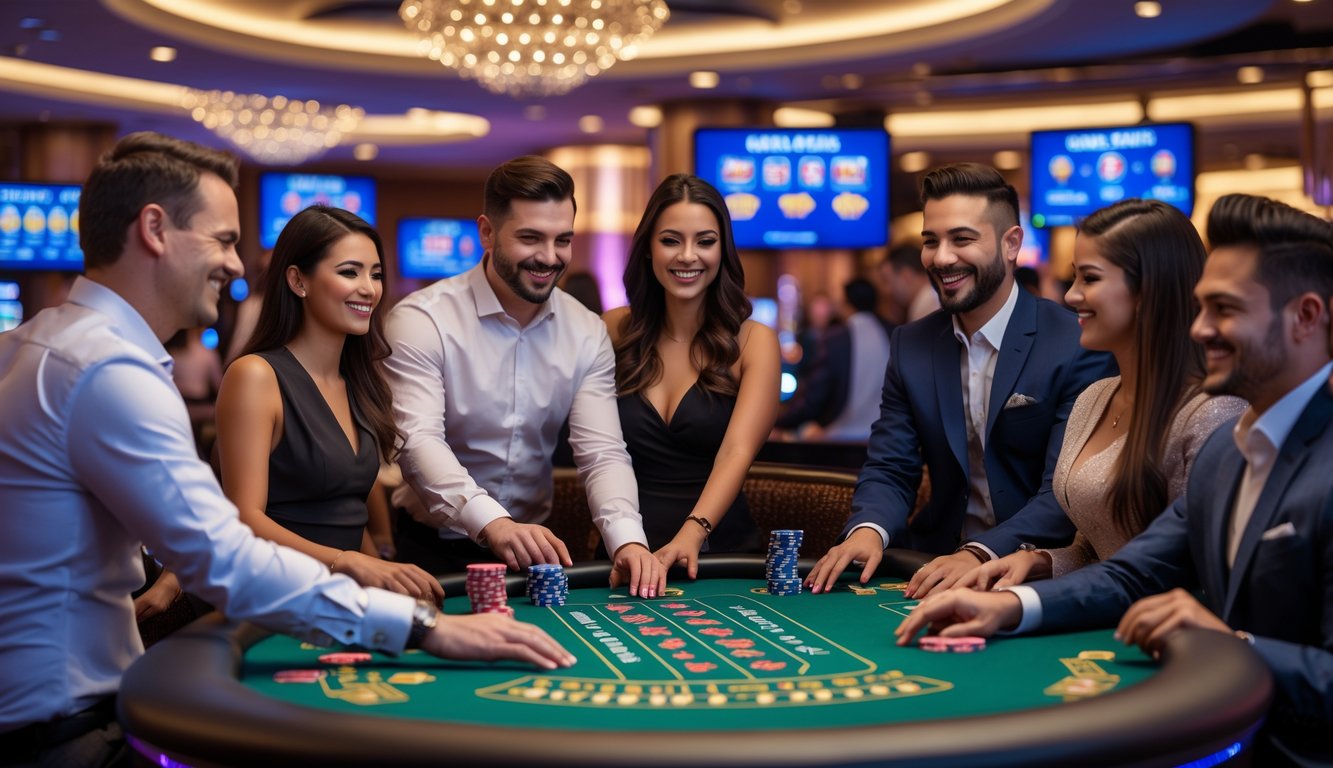 Beberapa orang bermain di meja kasino langsung dengan dealer wanita, suasana penuh semangat dan fokus.