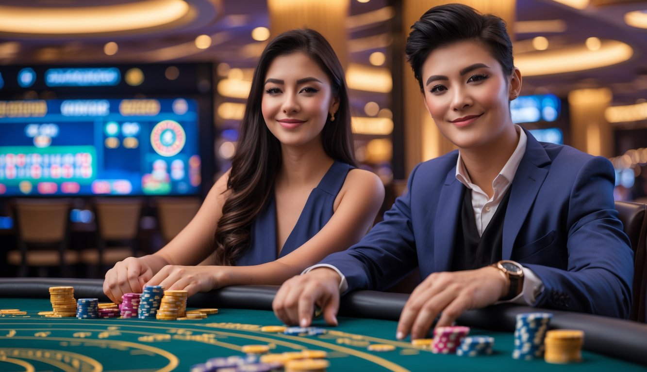 Seorang pria dan wanita duduk di meja kasino dengan chip dan kartu, fokus bermain kasino langsung dengan suasana nyaman dan mewah.