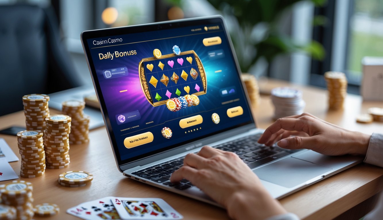 Seseorang menggunakan laptop dengan tampilan kasino online di layar, menunjukkan proses klaim bonus harian.