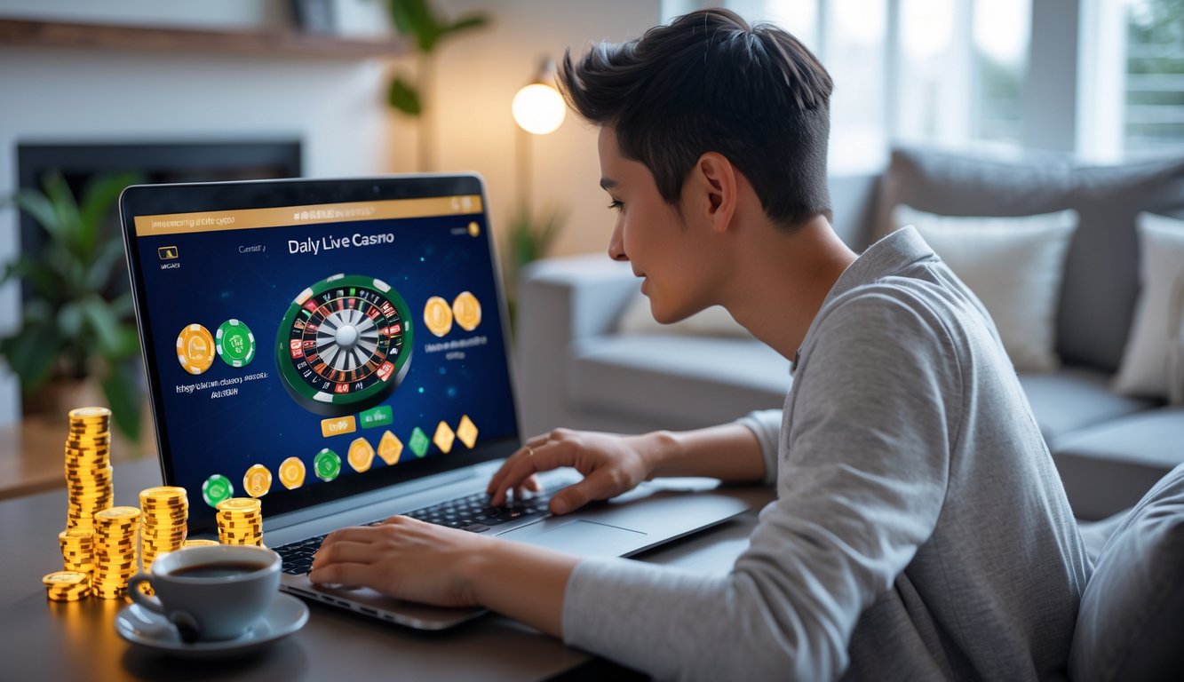 Seorang pemula yang percaya diri menggunakan laptop di ruang tamu modern untuk bermain live casino dengan suasana yang tenang dan fokus.