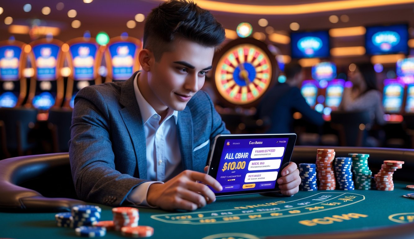 Seorang pemain pemula duduk di meja kasino langsung dengan tablet, dikelilingi chip poker dan kartu remi, di latar belakang suasana kasino yang hidup.