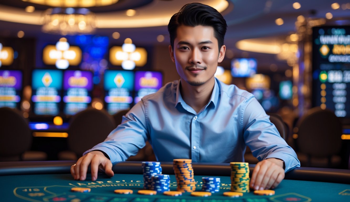 Seorang pria muda fokus duduk di meja kasino dengan chip dan kartu, latar belakang kasino langsung yang ramai dan modern.
