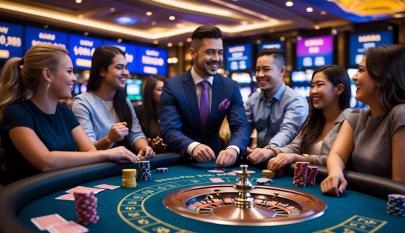 Seorang dealer kasino langsung berinteraksi dengan pemain yang antusias di meja kasino dengan latar belakang layar digital yang menampilkan promosi bonus harian.