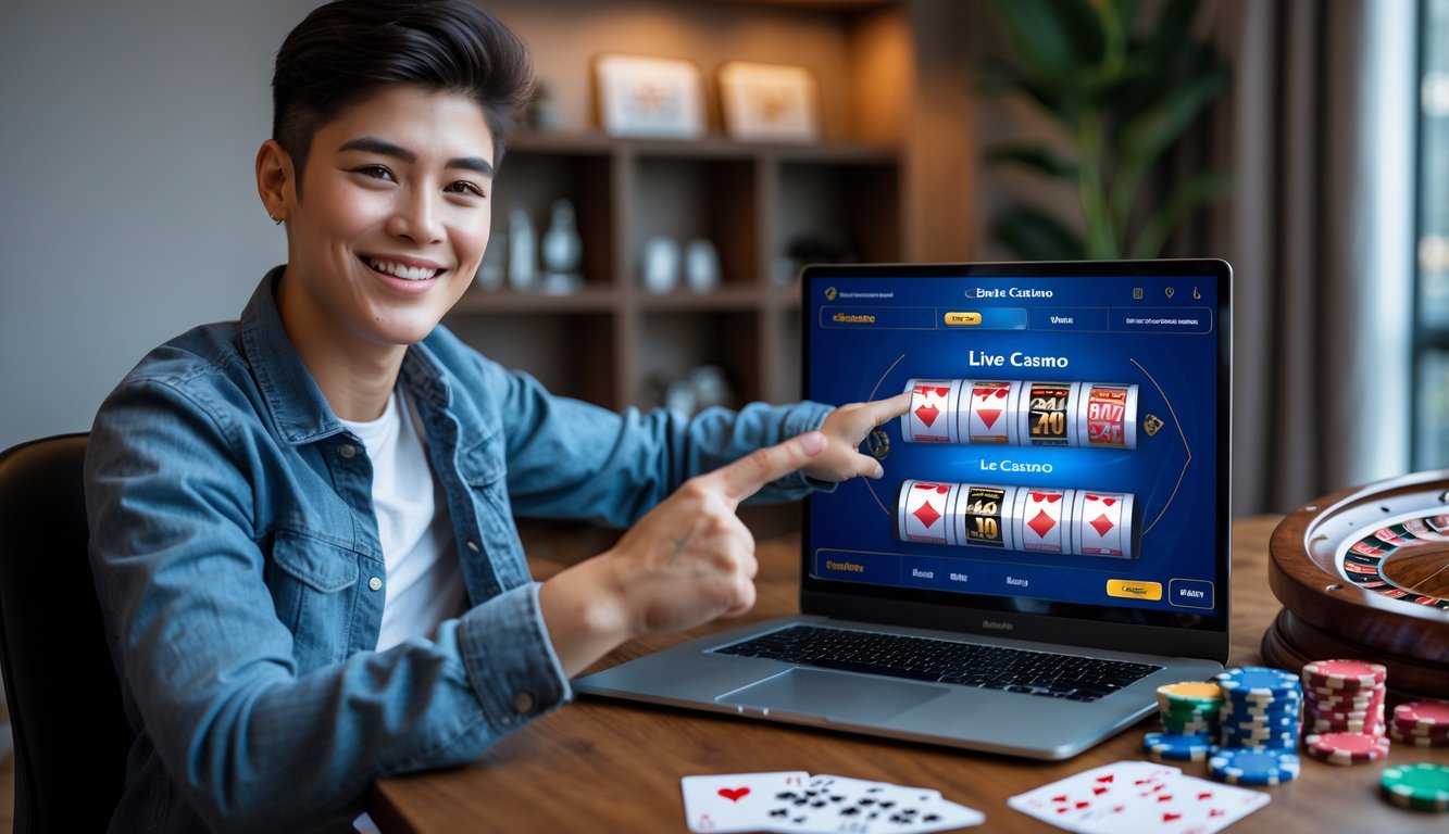 Seorang dewasa muda tersenyum duduk di meja dengan laptop yang menampilkan permainan kasino online, di latar belakang terdapat kartu remi, chip poker, dan roda roulette.