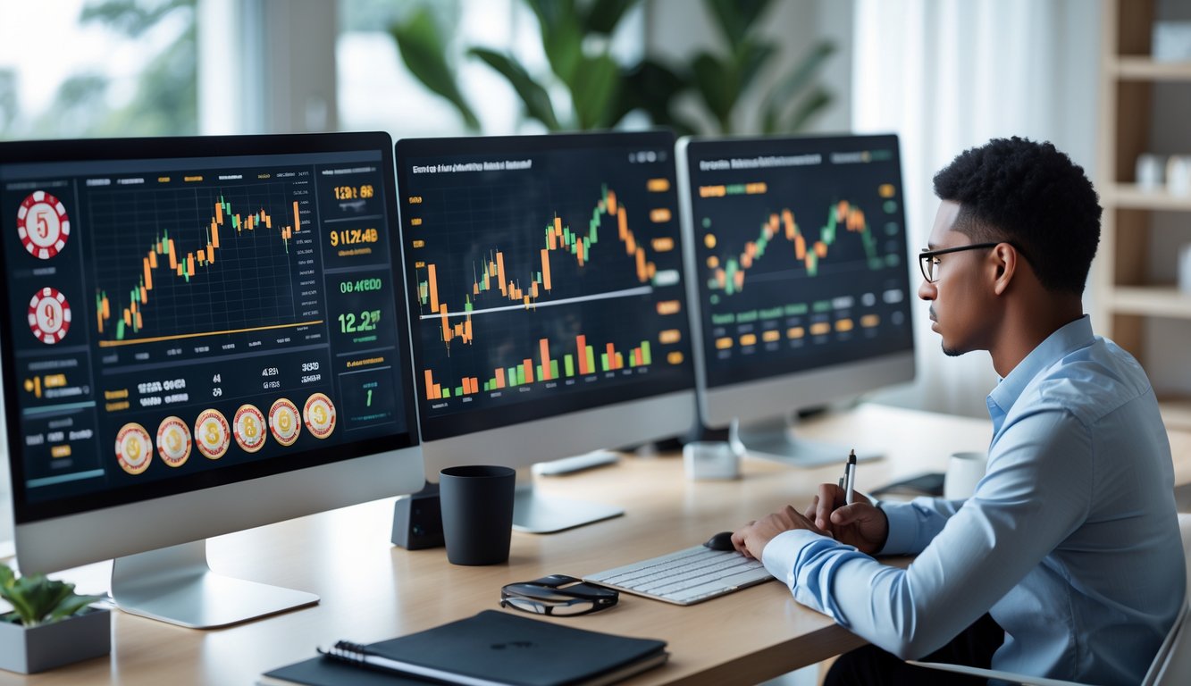 Seseorang sedang fokus menganalisis grafik keuangan dan elemen kasino di ruang kerja modern.