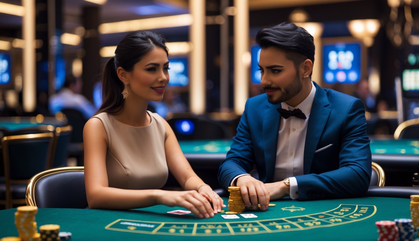 Dua orang bermain di meja kasino dengan suasana mewah dan pencahayaan lembut, fokus pada permainan kartu atau roulette.