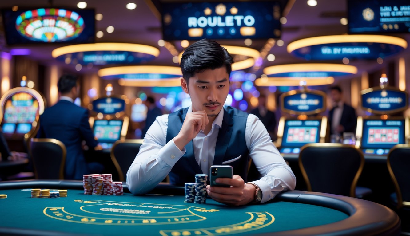 Seorang pria muda duduk di meja kasino dengan layar digital permainan kasino langsung, memegang chip poker dan ponsel, tampak fokus dan strategis.