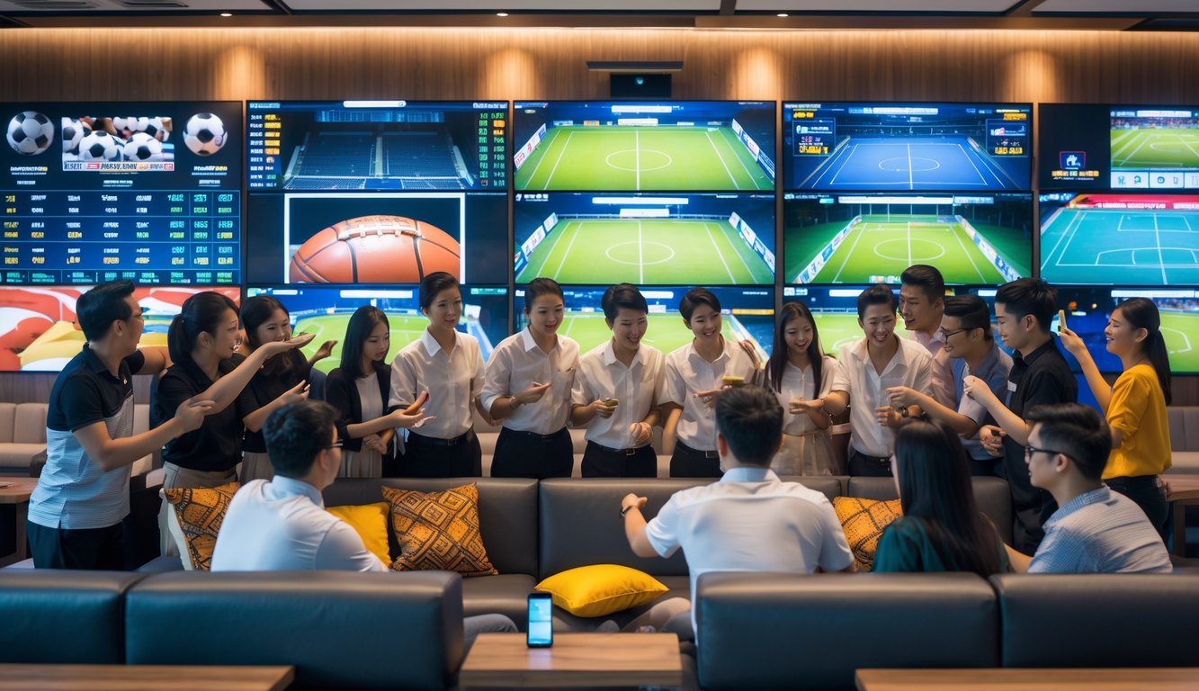 Sekelompok orang muda sedang melihat layar besar yang menampilkan berbagai pertandingan olahraga di sebuah ruangan modern yang terang dan nyaman.