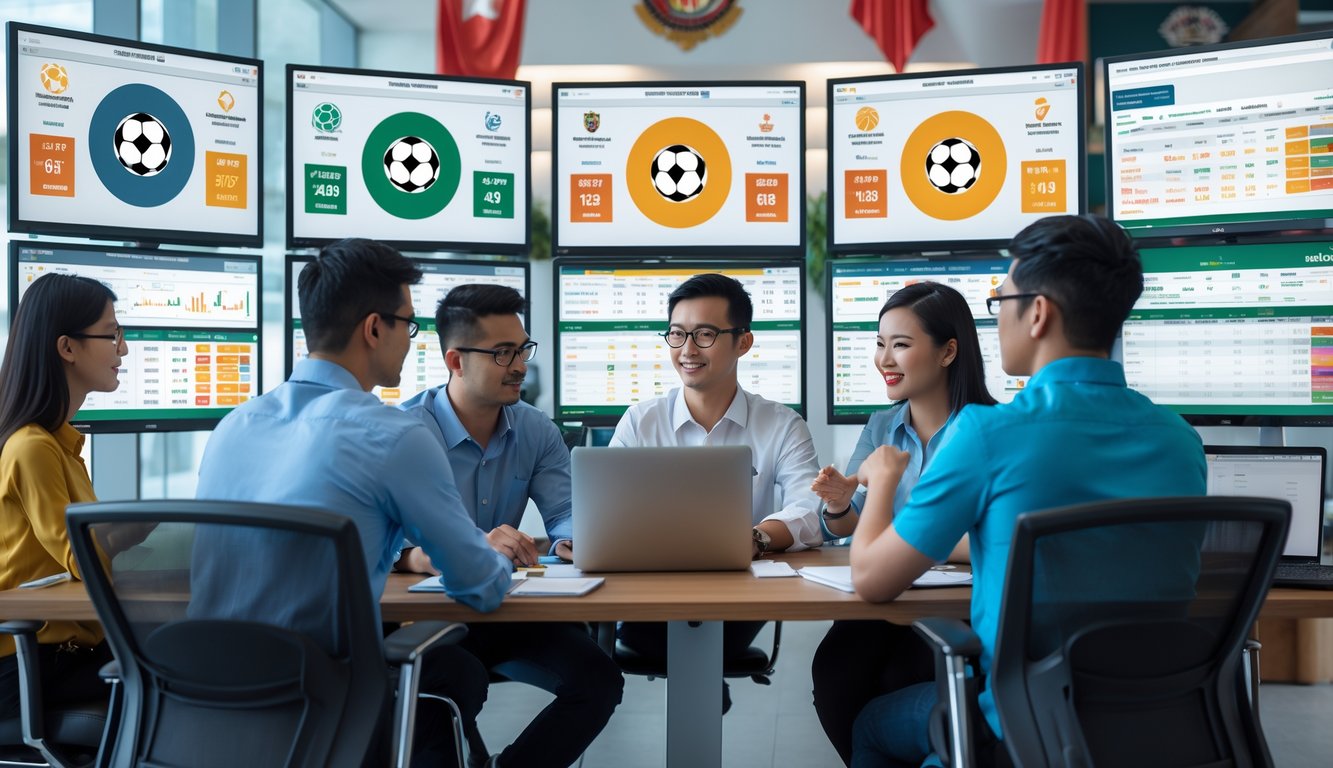 Sekelompok orang muda sedang berdiskusi dan menganalisis data olahraga di depan layar komputer di sebuah kantor modern.