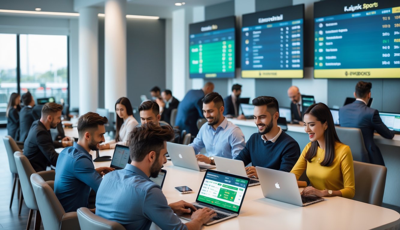 Beberapa orang sedang menggunakan perangkat elektronik untuk memasang taruhan pada pertandingan olahraga di sebuah ruangan modern dengan layar besar menampilkan skor pertandingan.
