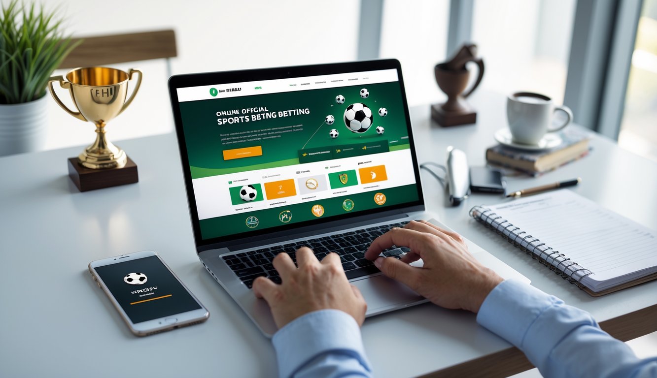 Seseorang sedang mendaftar dan bermain di situs taruhan olahraga resmi menggunakan laptop di meja kerja yang rapi.