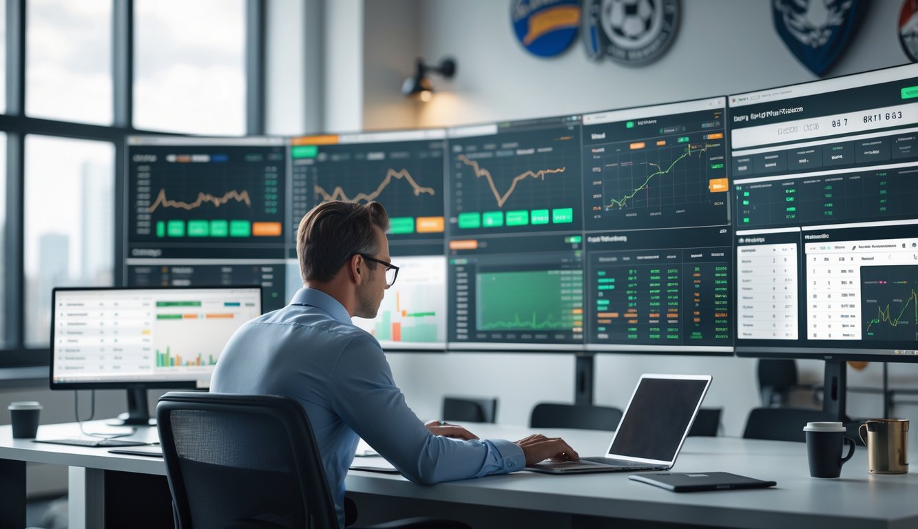 Seseorang sedang bekerja dengan komputer yang menampilkan data olahraga dan statistik taruhan di sebuah kantor modern.