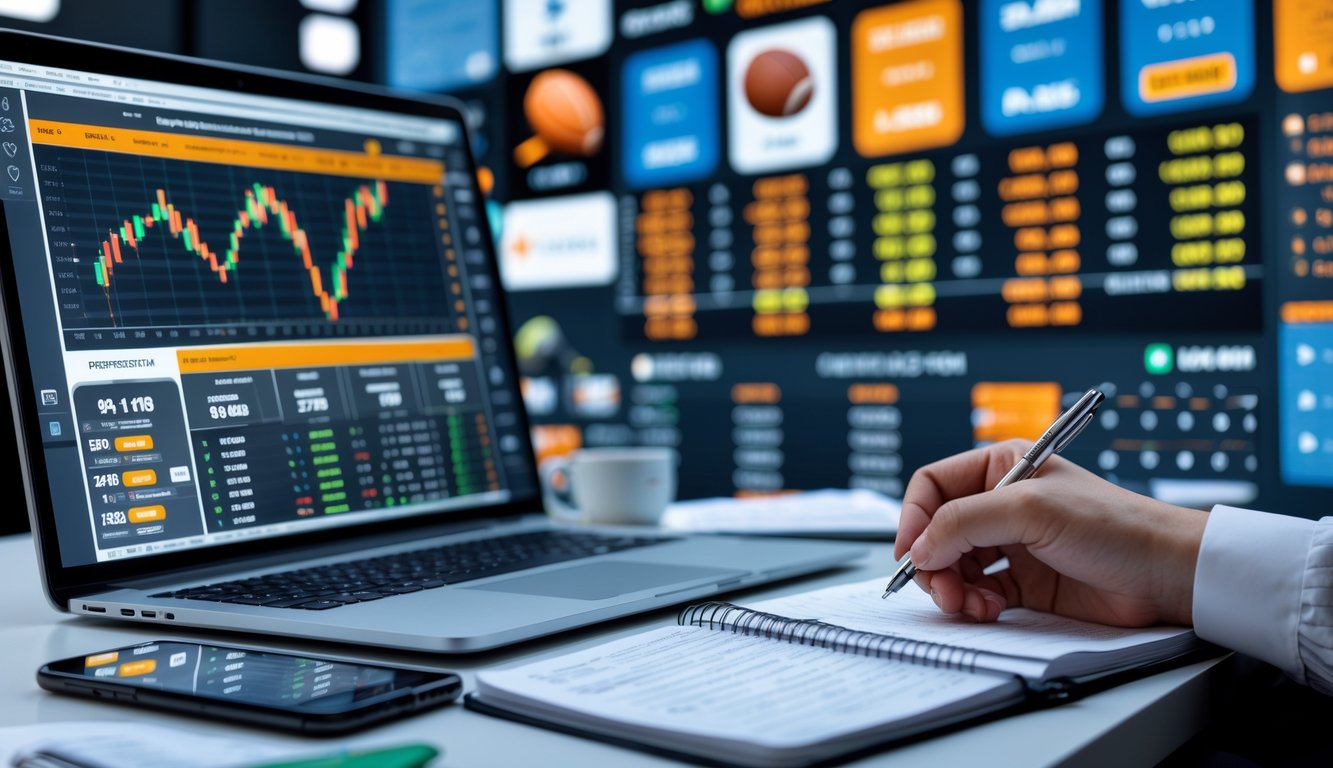 Seseorang sedang menganalisis data taruhan olahraga di meja kerja dengan laptop, ponsel, dan layar digital yang menampilkan berbagai pertandingan olahraga.