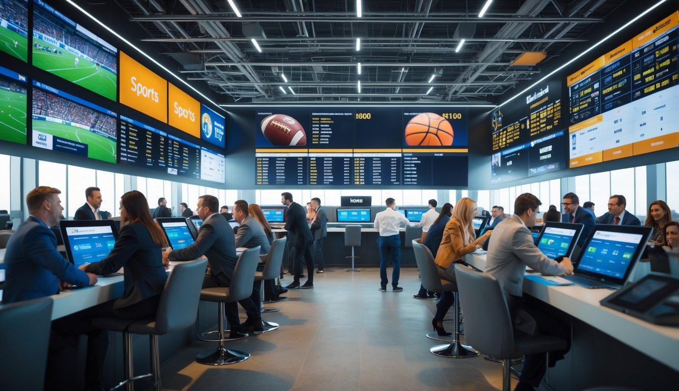 Orang-orang bersemangat memasang taruhan pada berbagai olahraga di lingkungan taruhan olahraga resmi dengan layar digital besar menampilkan acara olahraga dan peluang taruhan.