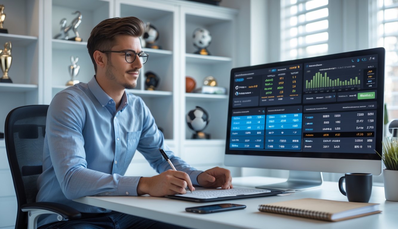 Seorang pria muda duduk di meja kerja dengan komputer yang menampilkan statistik dan acara olahraga, terlihat fokus dan serius.