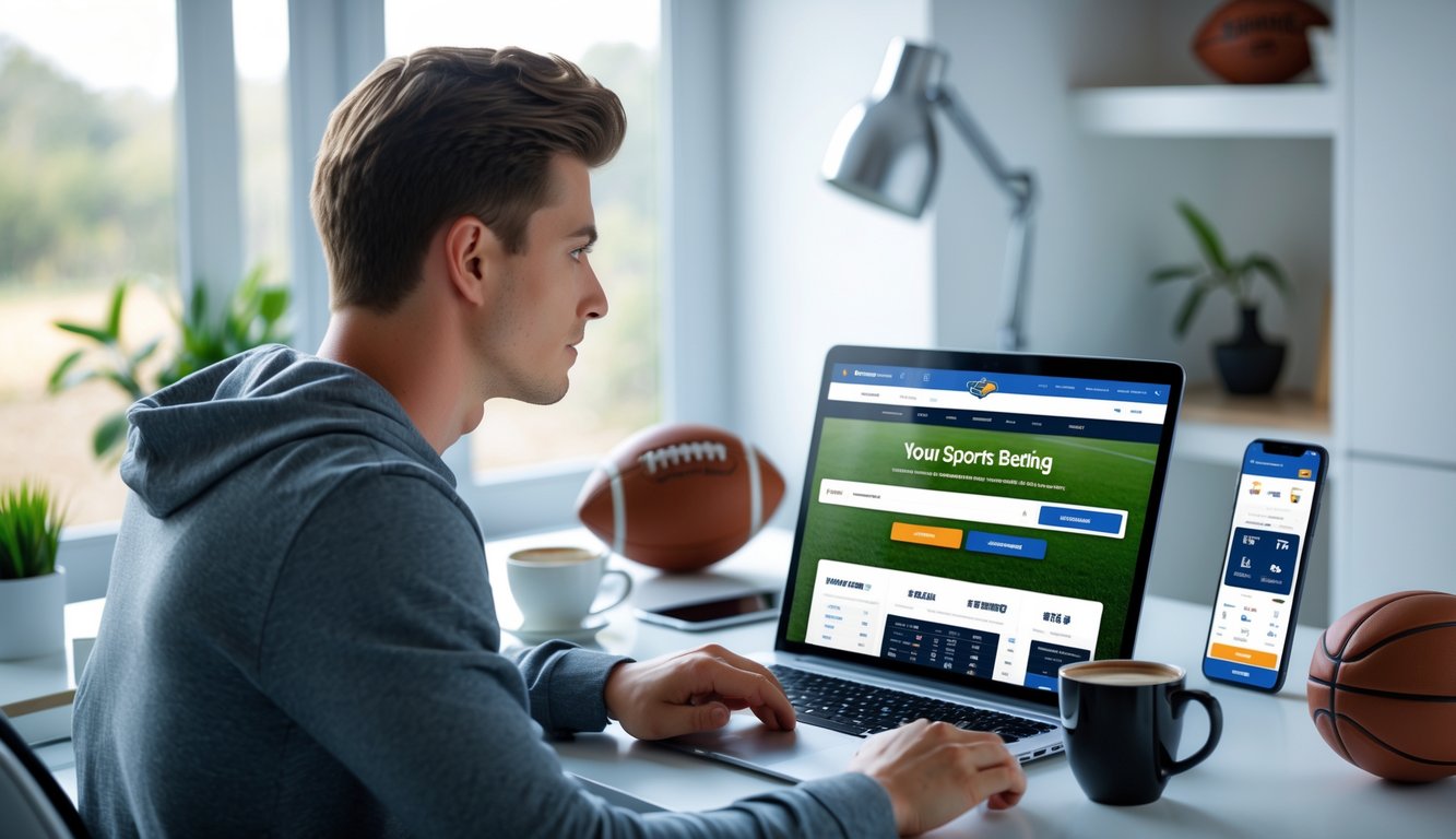 Seorang pria muda duduk di meja dengan laptop, dikelilingi oleh perlengkapan olahraga dan gadget, fokus pada layar komputer.