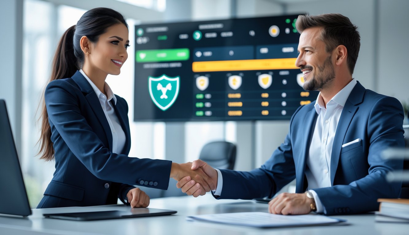 Dua profesional berjabat tangan di kantor modern dengan layar digital menampilkan statistik olahraga dan ikon keamanan.